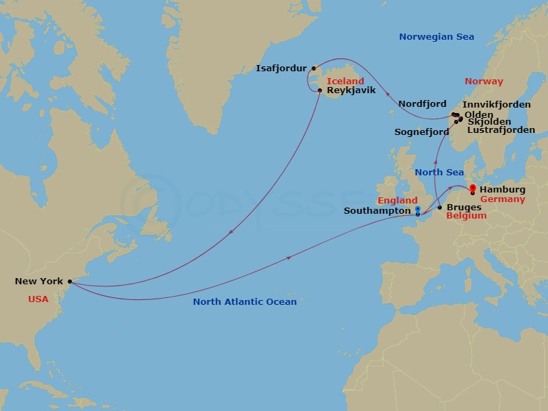 Queen Mary 2 - 23 Night - Roundtrip Transatlantic Crossing - Queen Mary 2 - Starting in Southampton, England, UK, Zeebrugge (tours to Bruges), Belgium, Olden, Norway, Innvik.. itinerary map