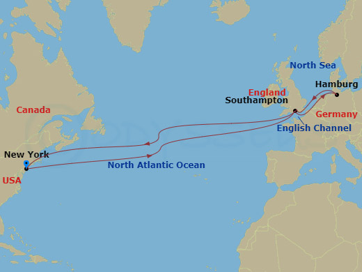 Queen Mary 2 - 18 Night - Roundtrip Transatlantic Crossing - Queen Mary 2 - Starting in New York, NY, Southampton, England, UK, Hamburg, Germany, Southampton, England, UK, N.. itinerary map