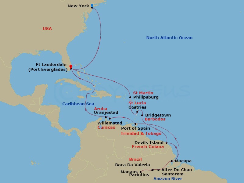 HAL Volendam - 30 Night - Amazon Explorer - HAL Volendam - Starting in New York, Fort Lauderdale, Florida, Philipsburg, Sint Maarten, Castries, Saint Lucia, Bridgetown, Barb.. itinerary map