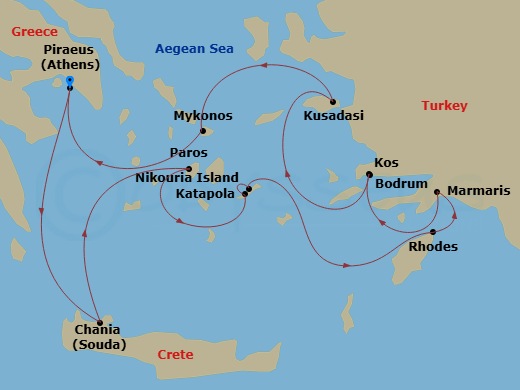 Scenic Ikon - 10 Night - Wonders of the Greek Islands & Aegean Riviera - Scenic Ikon - Starting in Piraeus (Athens), Greece, Chania, Crete, Greece, Paros, Greece, Katapola,.. itinerary map