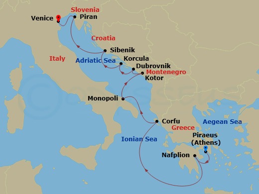 Scenic Ikon - 10 Night - Gems of the Greek Islands & Adriatic Coast - Scenic Ikon - Starting in Piraeus (Athens), Greece, Nafplion, Greece, At Sea / Nydri, Greece, Corfu, G.. itinerary map