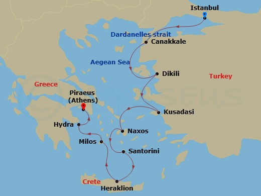 Scenic Ikon - 11 Night - Ancient Empires : Istanbul to Athens - Scenic Ikon - Starting in Istanbul, Turkey, Cruising the Dardanelles, Turkey / Kepez (Canakkale), Turkey, Di.. itinerary map