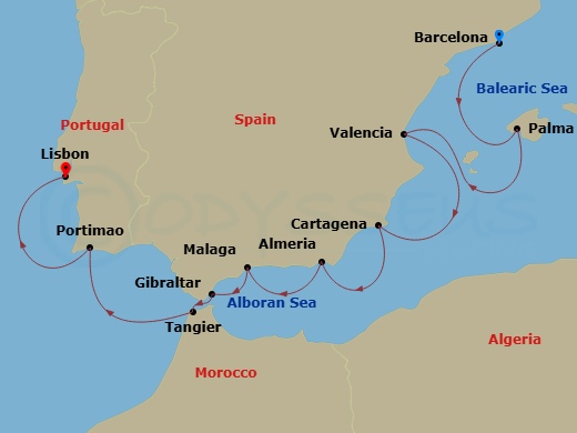 Scenic Ikon - 9 Night - Iberian & Moroccan Wonders : Spain to Portugal - Scenic Ikon - Starting in Barcelona, Spain, Palma De Mallorca, Spain, Valencia, Spain, Cartagena ES.. itinerary map