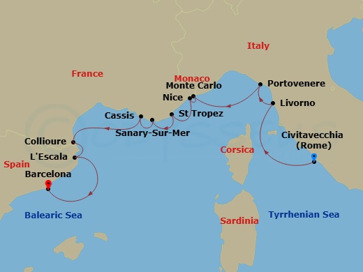 Scenic Ikon - 10 Night - Iconic Italy & the French Riviera - Scenic Ikon - Starting in Civitavecchia (Rome), Italy, Livorno, Italy, Porto Venere, Italy, Monte Carlo, Monaco.. itinerary map