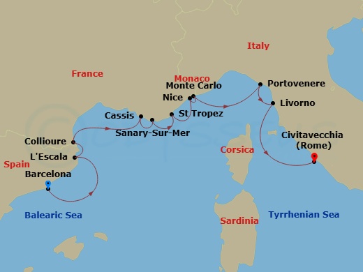 Scenic Ikon - 10 Night - Iconic Italy & the French Riviera - Scenic Ikon - Starting in Barcelona, Spain, LEscala, Spain, Collioure, France, Cassis, France / Sanary-sur-Mer,.. itinerary map