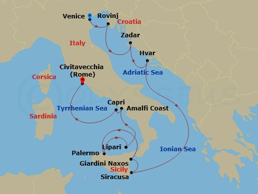 Scenic Ikon - 11 Night - Adriatic, Sicily & the Amalfi Coast - Scenic Ikon - Starting in Venice, Italy, Rovinj, Croatia, Zadar, Croatia, Hvar, Croatia, Syracuse, Sicily, It.. itinerary map