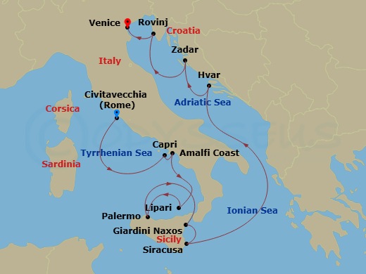 Scenic Ikon - 11 Night - Adriatic, Sicily & the Amalfi Coast - Scenic Ikon - Starting in Civitavecchia (Rome), Italy, Capri, Italy / Amalfi, Italy, Amalfi, Italy, Lipari, A.. itinerary map
