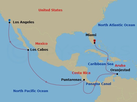 14 Night - Los Angeles to Miami - Queen Elizabeth - Starting in Los Angeles, CA, Cabo San Lucas, Mexico, Puntarenas, Costa Rica, Transit the Panama Canal, Panama (Full Transit), Oranjestad, Aruba, Miami, FL itinerary map
