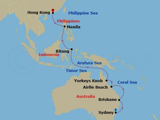 17 Night - Sydney to Hong Kong - Queen Anne - Starting in Sydney AU, Australia, Brisbane, Australia, Airlie Beach, Australia, Yorkeys Knob (tours to Cairns), Australia, Bitung, Indonesia, Manila, Philippines, Hong Kong, China itinerary map