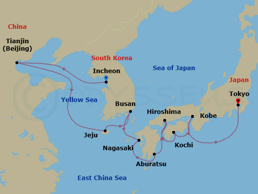 14 Night - Incheon to Tokyo - Silver Muse - Starting in Incheon (Seoul), Tianjin (Beijing), Jeju, Busan, Nagasaki, Aburatsu, Hiroshima, Kochi, Kobe, Tokyo itinerary map