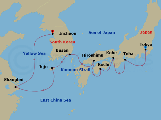14 Night - Tokyo to Incheon - Silver Muse - Starting in Tokyo, Toba, Kobe, Kochi, Hiroshima, Busan, Jeju, Shanghai, Incheon (Seoul) itinerary map