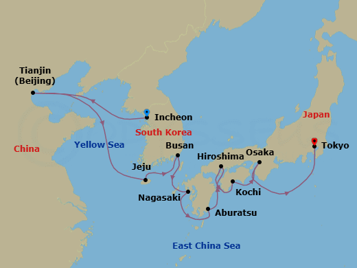 14 Night - Incheon to Tokyo - Silver Muse - Starting in Incheon (Seoul), Tianjin (Beijing), Jeju, Busan, Nagasaki, Aburatsu, Hiroshima, Kochi, Osaka, Tokyo itinerary map