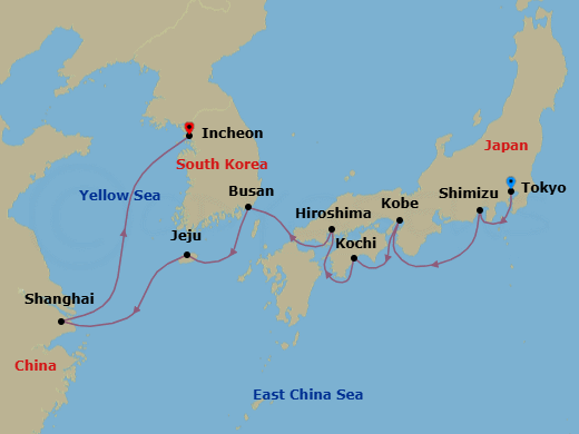 14 Night - Tokyo to Incheon - Silver Muse - Starting in Tokyo, Shimizu, Kobe, Kochi, Hiroshima, Busan, Jeju, Shanghai, Incheon (Seoul) itinerary map