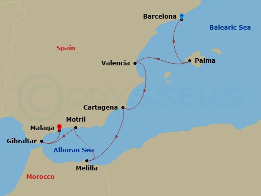 7 Night - Spain Intensive Cruise : Barcelona, Valencia & Malaga - Azamara Journey - Starting in Barcelona, Palma, Majorca, Valencia, Cartagena ES, Melilla, Granada (Motril), Gibraltar, Malaga itinerary map