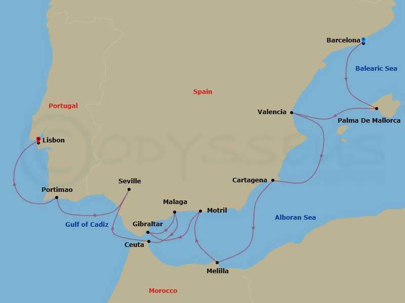 14 Night - Spain & Portugal Cruise : Valencia, Seville & Lisbon - Azamara Journey - Starting in Barcelona, Palma, Majorca, Valencia, Cartagena ES, Melilla, Granada (Motril), Gibraltar, Malaga, Ceuta, Seville, Portimao, Lisbon itinerary map