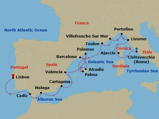 16 Night - Europe from Rome (Civitavecchia) to Lisbon - Silver Ray - Starting in Civitavecchia, Ajaccio, Livorno, Portofino, Villefranche, Toulon, Palma De Mallorca, Alcudia, Barcelona, Palamos, Valencia, Cartagena ES, Malaga, Cadiz, Lisbon itinerary map