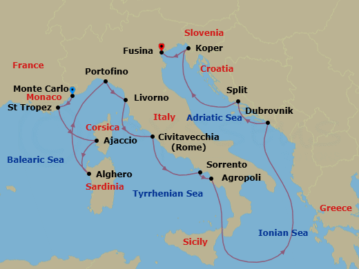 14 Night - Cruise from Monte Carlo to Fusina - Silver Ray - Starting in Monte Carlo, Saint Tropez, Ajaccio, Alghero, Portofino, Livorno, Civitavecchia, Sorrento, Agropoli, Dubrovnik, Croatia, Split, Koper, Fusina itinerary map
