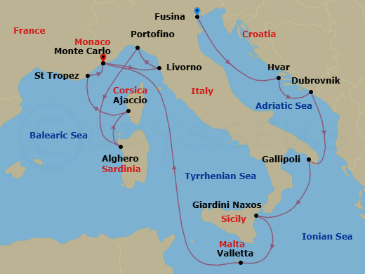 14 Night - Cruise from Fusina to Monte Carlo - Silver Ray - Starting in Fusina, Hvar, Dubrovnik, Croatia, Gallipoli, Giardini Naxos, Valletta, Monte Carlo, Livorno, Portofino, Alghero, Ajaccio, Saint Tropez, Monte Carlo itinerary map