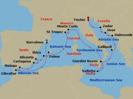 18 Night - Mediterranean from Barcelona to Fusina - Silver Ray - Starting in Barcelona, Gibraltar, Malaga, Cartagena ES, Alicante, Ibiza, Palma De Mallorca, Saint Tropez, Monte Carlo, Valletta, Giardini Naxos, Gallipoli, Dubrovnik, Croatia, Hvar, Zadar, Fusina itinerary map