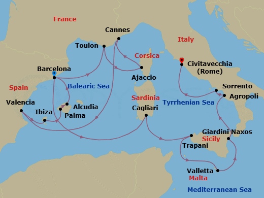 17 Night - Southern Europe from Barcelona to Rome (Civitavecchia) - Silver Ray - Starting in Barcelona, Toulon, Ajaccio, Cannes, Valencia, Ibiza, Palma De Mallorca, Alcudia, Barcelona, Cagliari, Trapani, Valletta, Giardini Naxos, Agropoli, Sorrento, Civitavecchia itinerary map
