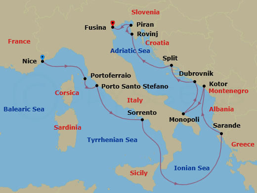 12 Night - Nice to Fusina - Silver Shadow - Starting in Nice, Portoferraio (Elba), Porto Santo Stefano, Sorrento, Sarande, Kotor, Monopoli, Dubrovnik, Croatia, Split, Rovinj, Piran, Fusina (Venice) itinerary map