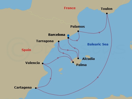 9 Night - Barcelona to Barcelona - Silver Ray - Starting in Barcelona, Palamos, Toulon, Cartagena ES, Spain, Valencia, Palma De Mallorca, Tarragona, Alcudia, Mallorca, Barcelona itinerary map