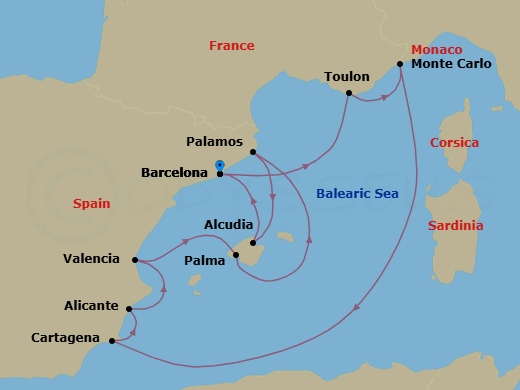 10 Night - Barcelona to Barcelona - Silver Ray - Starting in Barcelona, Toulon, Monte Carlo, Cartagena ES, Spain, Alicante, Valencia, Palma De Mallorca, Palamos, Alcudia, Mallorca, Barcelona itinerary map