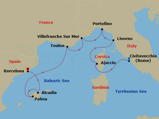 9 Night - Civitavecchia to Barcelona - Silver Ray - Starting in Civitavecchia (Rome), Ajaccio (Corsica), Livorno (Tuscany), Portofino, Villefranche, Toulon, Palma De Mallorca, Alcudia, Mallorca, Barcelona itinerary map