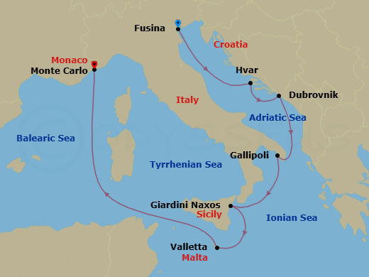 7 Night - Fusina to Monte Carlo - Silver Ray - Starting in Fusina (Venice), Hvar, Dubrovnik, Croatia, Gallipoli, Giardini Naxos (Sicily), Valletta, Monte Carlo itinerary map