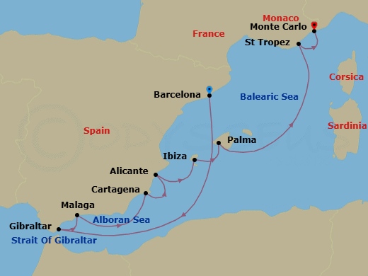 10 Night - Barcelona to Monte Carlo - Silver Ray - Starting in Barcelona, Gibraltar, Malaga (Costa del Sol), Cartagena ES, Spain, Alicante, Ibiza, Palma De Mallorca, Saint Tropez, Monte Carlo itinerary map