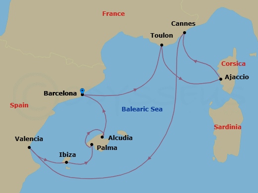 9 Night - Barcelona to Barcelona - Silver Ray - Starting in Barcelona, Toulon, Ajaccio (Corsica), Cannes, Valencia, Ibiza, Palma De Mallorca, Alcudia, Mallorca, Barcelona itinerary map