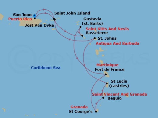 10 Night - San Juan to San Juan - Silver Dawn - Starting in San Juan, Jost Van Dyke, British Virgin Islands, St Kitts (Basseterre), Gustavia, St Barthelemy, Fort-de-France, St Georges, Bequia, Castries, St Lucia, St Johns, St John VI, San Juan itinerary map