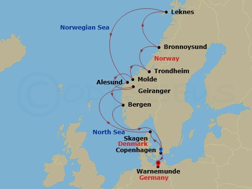 EXPLORA IV - 13 Night - A Journey Through Norway's Fjords & Lofoten Majesty - EXPLORA IV - Starting in Copenhagen, Skagen, Geiranger, Norway, Molde, Trondheim, Bronnoysund.. itinerary map