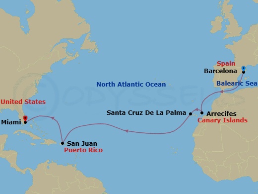 14 Night - The Magnificent Atlantic - Seven Seas Splendor - Starting in Barcelona, Cruising the Atlantic Ocean, Arrecife (Lanzarote), Santa Cruz de La Palma, Cruising the Atlantic Ocean, San Juan, Cruising the Atlantic Ocean, Cruising the Bahamian Waters, Miami itinerary map