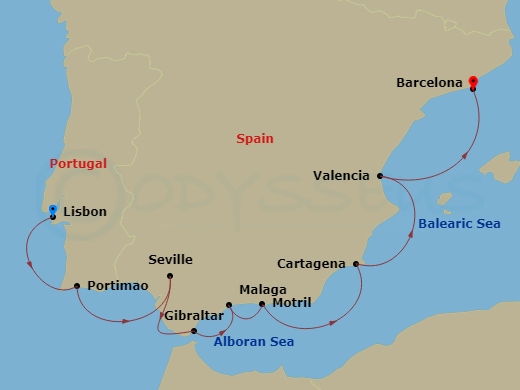 Azamara Journey - 9 Night - Spain Intensive Cruise : Seville, Malaga & Barcelona - Azamara Journey - Starting in Lisbon, Portimao, Seville, Gibraltar, Malaga, Granada (Motril),.. itinerary map