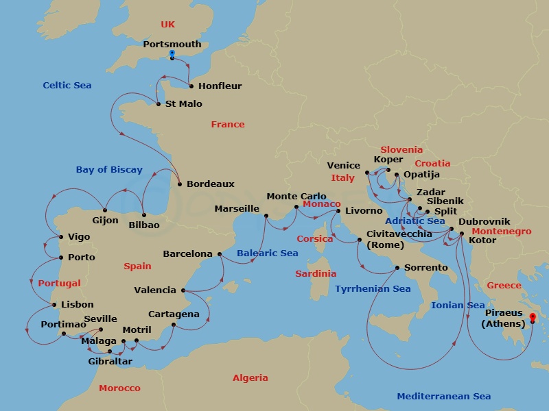 Azamara Journey - 40 Night - Portsmouth to Athens Grand Voyage - Azamara Journey - Starting in Portsmouth UK, Honfleur, Saint-malo, Bordeaux, Bilbao, Gijon, Spain, Vigo, Porto.. itinerary map