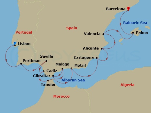 Azamara Journey - 14 Night - Spain Intensive Cruise : Seville, Malaga & Valencia - Azamara Journey - Starting in Lisbon, Portimao, Seville, Cadiz, Tangier, Malaga, Gibraltar, G.. itinerary map