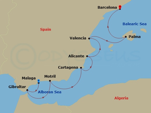 Azamara Journey - 7 Night - Spain Intensive Cruise : Malaga, Valencia & Barcelona - Azamara Journey - Starting in Malaga, Gibraltar, Granada (Motril), Cartagena ES, Alicante, V.. itinerary map
