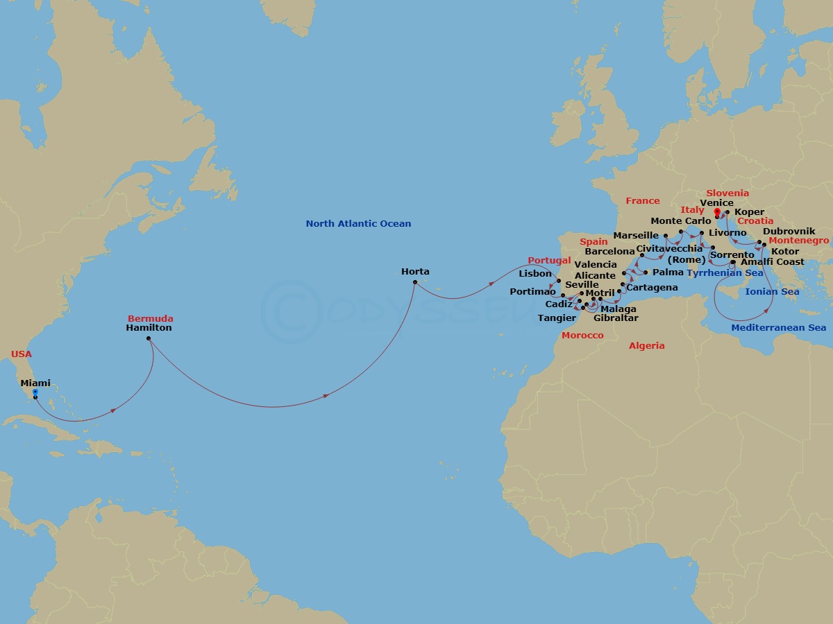 Azamara Journey - 37 Night - Miami to Venice Transatlantic Grand Voyage - Azamara Journey - Starting in Miami, Florida, Hamilton, Horta, Azores, Lisbon, Portimao, Seville, Cadi.. itinerary map