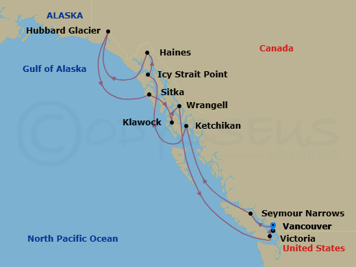 11 Night - Alaska Roundtrip from Vancouver - Crystal Serenity - Starting in Vancouver, Seymour Narrows, British Columbia, Ketchikan, Icy Strait Point, Alaska, Haines, Alaska, Cruise Hubbard Glacier, Alaska, Sitka, Alaska, Klawock, Wrangell, Victoria CA, Canada, Vancouver itinerary map