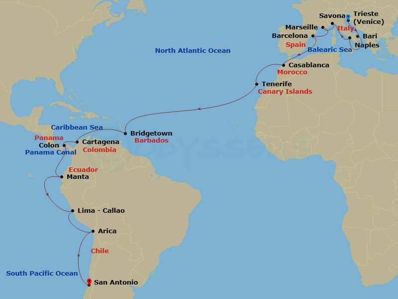 Costa Deliziosa - 32 Night - Round World from Trieste - Costa Deliziosa - Starting in Trieste, Bari, Napoli, Savona, Marseille, Barcelona, Casablanca, Santa Cruz de Tenerife, B.. itinerary map