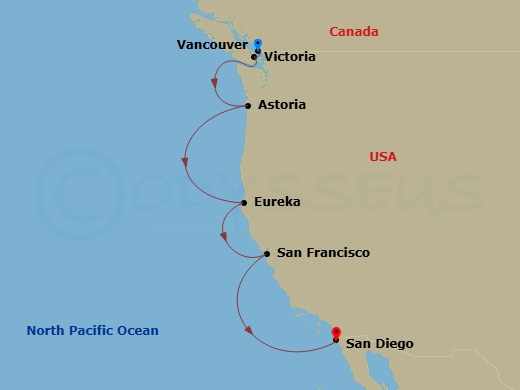 Crystal Symphony - 7 Night - North America & Canada - Crystal Symphony - Starting in Vancouver, Victoria CA, Canada, Astoria, Eureka, California, San Francisco, San Diego, Calif.. itinerary map