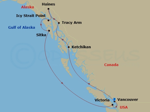 Crystal Symphony - 9 Night - Alaska Roundtrip from Vancouver - Crystal Symphony - Starting in Vancouver, Ketchikan, Tracy Arm, Alaska, Haines, Alaska, Icy Strait Point, Alaska,.. itinerary map