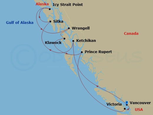 Crystal Symphony - 11 Night - Alaska Roundtrip from Vancouver - Crystal Symphony - Starting in Vancouver, Ketchikan, Sitka, Alaska, Cruise Hubbard Glacier, Alaska, Icy Strait Po.. itinerary map