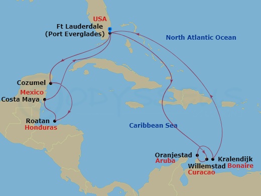 Majestic Princess - 14 Night - Eastern / Western Caribbean Adventurer - Majestic Princess - Starting in Fort Lauderdale, Florida, Costa Maya (Mahahual), Mexico, Roatan (Mahogany.. itinerary map