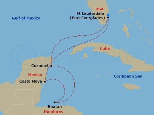 Majestic Princess - 6 Night - Western Caribbean with Mexico - Majestic Princess - Starting in Fort Lauderdale, Florida, Costa Maya (Mahahual), Mexico, Roatan (Mahogany Bay, Hondu.. itinerary map