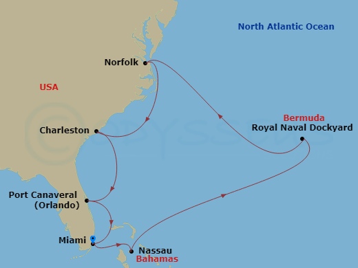 Seven Seas Grandeur - 12 Night - Bermuda Sunset & Southern Charm - Seven Seas Grandeur - Starting in Miami, Nassau, Cruising the Atlantic Ocean, Royal Naval Dockyard, Cruising the.. itinerary map