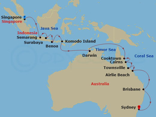 Seven Seas Navigator - 18 Night - Beautiful Bali & the Barrier Reef - Seven Seas Navigator - Starting in Singapore, Cruising the Java Sea, Semarang (Java), Surabaya, Bali (Benoa), K.. itinerary map