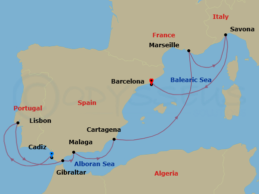 10 Night - Mediterranean from Cadiz to Barcelona - Costa Diadema - Starting in Cadiz, Spain, Lisbon, Portugal, Gibraltar (UK), Malaga, Spain, Cartagena ES, Spain, Marseille, France, Savona, Italy, Barcelona, Spain itinerary map