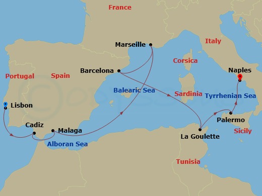 MSC Meraviglia - 10 Night - Msc Grand Voyages - MSC Meraviglia - Starting in Lisbon (Cascais), Portugal, Cadiz (Seville), Spain, Malaga (Granada), Spain, Marseille (Provence),.. itinerary map